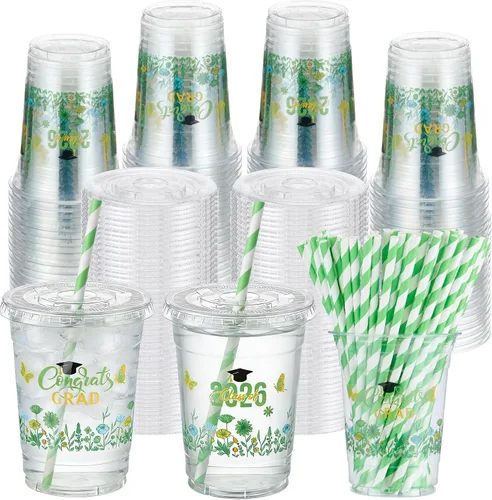 Miniatura 24 de Sliner 50 juegos de vasos de plástico a cuadros de 16 onzas con tapas y pajitas de papel, vasos desechables transparentes para fiesta de autos