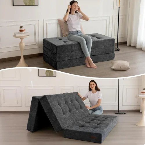 MAXYOYO Colchón plegable de tres pliegues, colchón plegable acolchado de 6 pulgadas con tela chenille, colchoneta portátil de piso tamaño individual