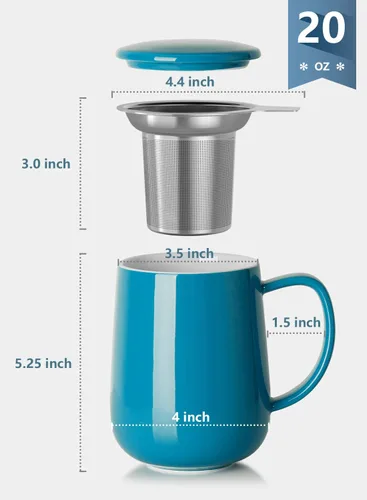Miniatura 2 de Sweese Taza de té de porcelana de 20 onzas con infusor y tapa, taza de té de hojas sueltas, regalos para amantes del té, blanco y azul acero