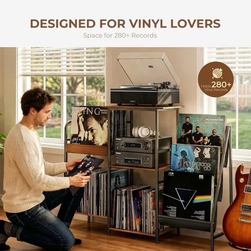 Miniatura 3 de Qlearsoul Soporte para discos de vinilo, mesa para tocadiscos de 3 niveles con almacenamiento izquierdo y derecho para sala de estar y dormitorio