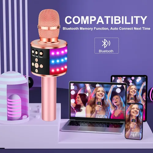 Miniatura 3 de BONAOK Micrófono de karaoke para niños y adultos, micrófonos Bluetooth, micrófono para cantar con luces de discoteca, efecto eco, altavoz integrado