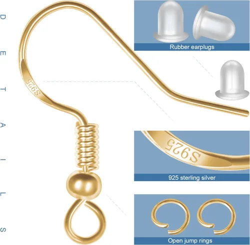 Miniatura 2 de Ganchos para aretes de plata de ley 925, kit de 750 piezas de ganchos para aretes; 250 piezas/125 pares de ganchos hipoalergénicos para aretes