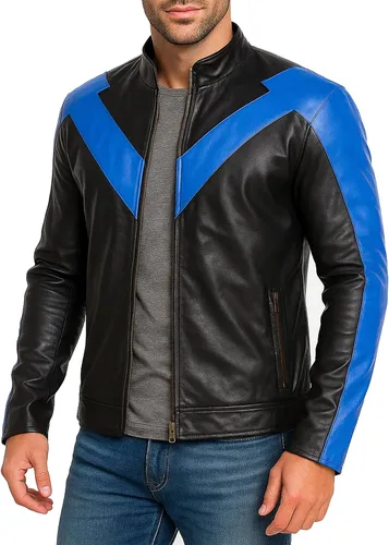 Miniatura 5 de Chaqueta de cuero para motociclista de hombre, negra y azul, con protección y acolchado - Chaqueta de armadura de motociclista