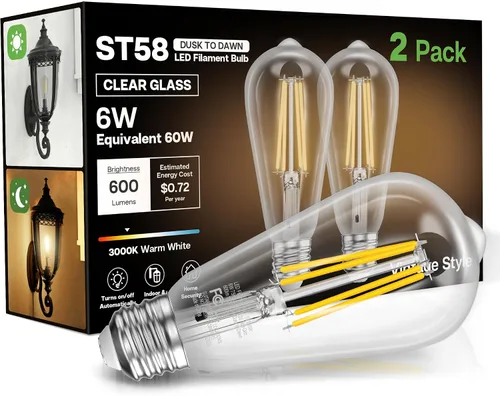 Miniatura 14 de Bombillas del amanecer al anochecer, 6 W equivalente a 60 W, blanco suave 2700 K, base E26, detección de luz, estilo vintage ST58, 600 lm, bombillas