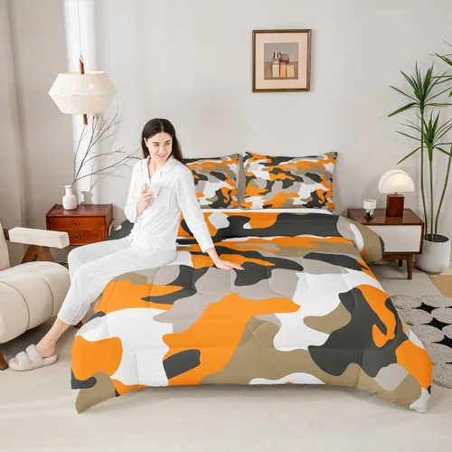 Miniatura 5 de Feelyou Juego de edredón de camuflaje naranja para niños, tamaño individual, juego de ropa de cama de camuflaje estilo militar para niños y niñas