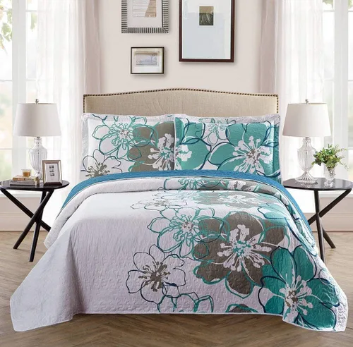 Miniatura 11 de Fancy Collection Juego de Cubrecama Acolchada de 3 Piezas, Tamaño Grande, Nuevo (Full/Queen, Aqua, Turquesa, Costero Llano/Gris Verde, Blanco)