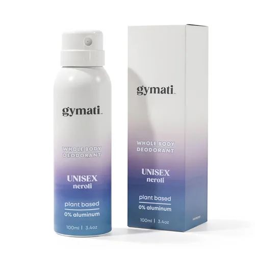 Gymati Desodorante natural en espray corporal, sin aluminio, mezcla a base de plantas con aloe y zinc, protección contra olores de larga duración,