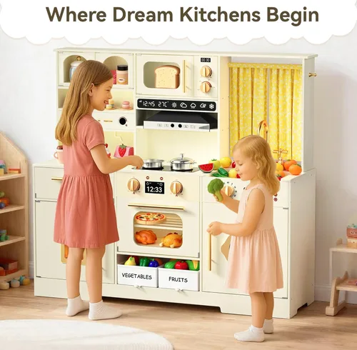 Miniatura 7 de Juego de cocina para niños pequeños con cajas de almacenamiento de fieltro y gancho de rango, juego de cocina de madera para niños con horno