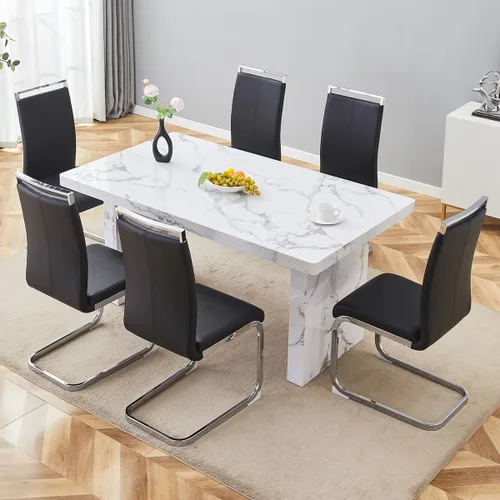 Miniatura 50 de gopop Mesa de comedor de mármol de 63 pulgadas, tablero de mesa de comedor MDF con patrón de mármol y base para cocina y comedor.