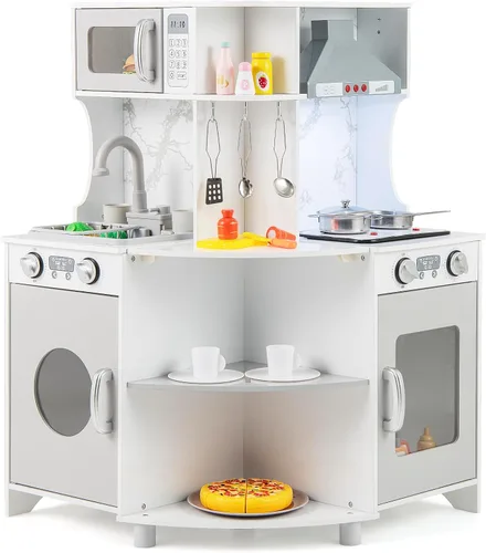 Costzon Cocina de esquina para niños, juego de cocina de madera con circulación de agua, luz y sonido reales, microondas, campana extractora, gris