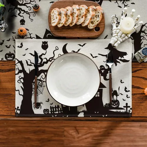 Miniatura 2 de Artoid Mode Juego de 4 manteles individuales espeluznantes de Halloween de 12 x 18 pulgadas, diseño de casa embrujada, árbol, fantasma, bruja