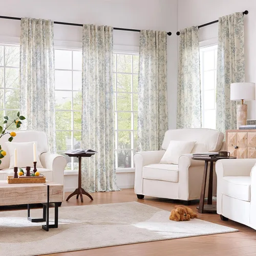 Miniatura 2 de Jinchan Cortinas de Mezcla de Lino con Estampado Floral para Sala de Estar, 84 Pulgadas de Largo, Cortinas con Bolsillo para Varilla y Tab Trasera