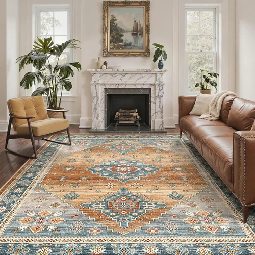 Miniatura 24 de Roxstand Alfombras de 2,44 x 3,05 m para sala de estar, alfombra vintage lavable con respaldo antideslizante, alfombra grande resistente a manchas