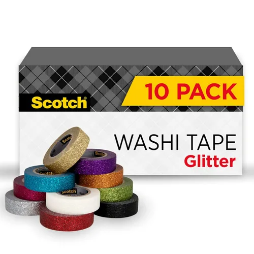 Scotch Cinta Washi con purpurina, 10 rollos, ideal para manualidades y envolturas navideñas, suministros escolares, suministros de manualidades y