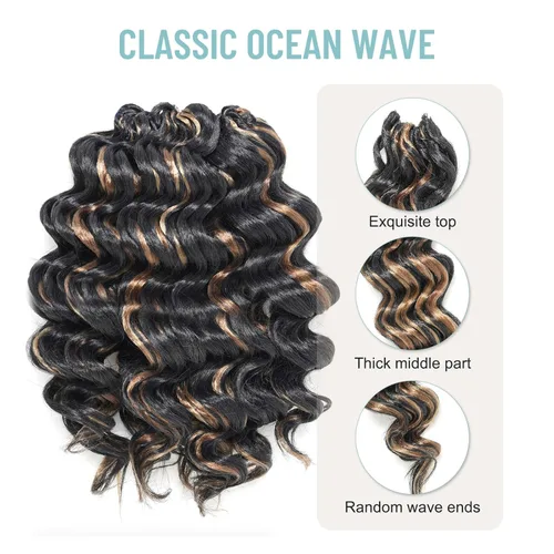 Miniatura 3 de Cabello de ganchillo con ondas oceánicas, 12 pulgadas, 8 paquetes de 3 tonos, cabello rizado de longitud media, rizado y ondulado profundo