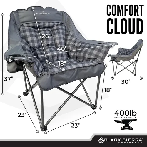Miniatura 3 de Silla de camping de gran tamaño Black Sierra para adultos, asiento resistente para exteriores con acolchado suave, soporta 400 libras, portavasos