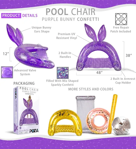 Miniatura 2 de POZA Silla flotante inflable de conejo, flotadores inflables de confeti brillante, 2 portavasos y asas integrados, silla flotante inflable