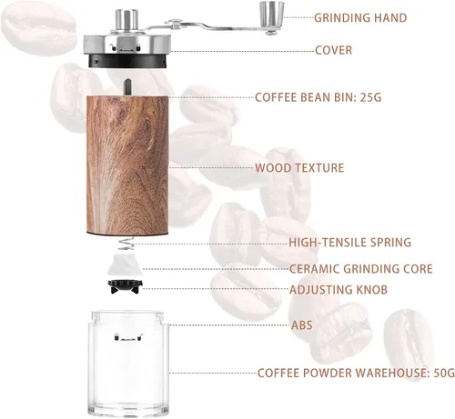 Miniatura 3 de Molinillo de café manual portátil y visible, molinillo de café de mano con perilla ajustable de cerámica, molinillo de café de acero inoxidable