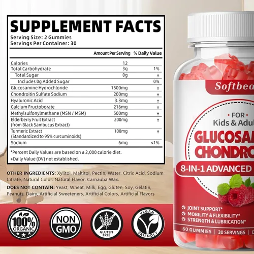 Miniatura 2 de softbear Gomitas de condroitina de glucosamina, sin azúcar, glucosamina condroitina, MSM, suplemento con cúrcuma de saúco que apoya la salud