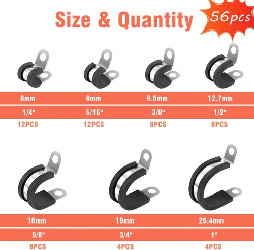 Miniatura 2 de AKIHISA Kit de 56 abrazaderas de cable de 1/4"-1", 7 tamaños, abrazaderas de conducto de acero inoxidable 304, para cable, tubería, manguera, línea