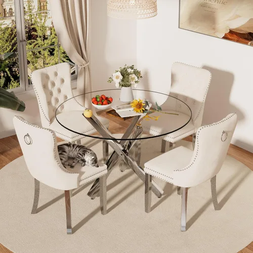 Miniatura 2 de Juego de mesa de comedor redonda de cristal moderno de mediados de siglo para 4, juego de vajilla circular de lujo plateado de 5 piezas, juego