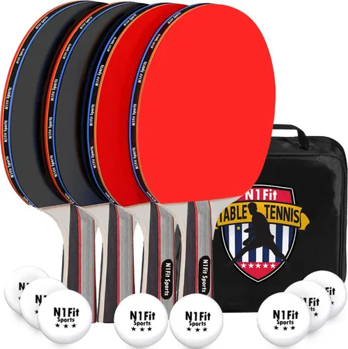 N1fit Paletas de ping pong – Juego de 4 raquetas de alto rendimiento de 5 capas, 8 pelotas de tenis de mesa profesionales de 3 estrellas, estuche de