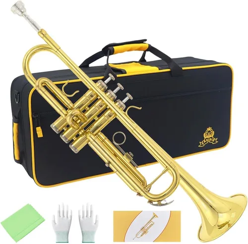 Miniatura 7 de Instrumento de trompeta, instrumentos musicales de banda y orquesta para principiantes, con estuche para trompeta, boquilla, paño y guantes (dorado)