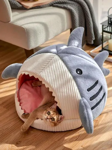 Miniatura 5 de QWINEE Cama para Gatos en Forma de Tiburón, Cama para Gatitos, Refugio, Casa Cálida, Suave, Cómoda, Semicerrada, Azul, Talla L
