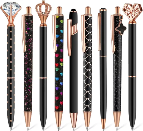 Janmini Juego de 9 bolígrafos de punta de bola de metal con diamantes de cristal y purpurina para diario, tinta negra, cosas bonitas y lindas,