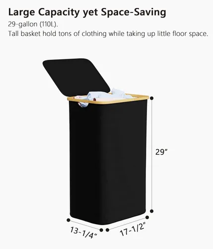 Miniatura 5 de SUOCO Cesta de lavandería con tapa, cesta de ropa de 29 galones (110L) con asas de bambú, cesta grande plegable para la ropa sucia para dormitorio