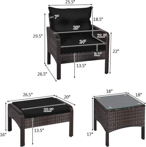 Miniatura 9 de HAPPYGRILL Juego de muebles de patio de 5 piezas para exteriores, juego de conversación de mimbre de ratán con mesa auxiliar, sofás acolchados