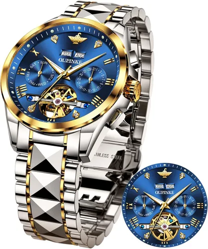 Miniatura 8 de OLEVS Relojes automáticos de esqueleto mecánico para hombres, 5ATM, impermeables, de tungsteno, acero inoxidable, cuerda automática, para hombre