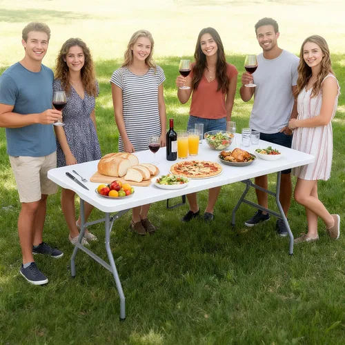 Miniatura 9 de Lakhow Mesa plegable de 6 pies, mesa de plástico para interiores y exteriores, mesa de comedor portátil de altura cuadrada, perfecta para picnics