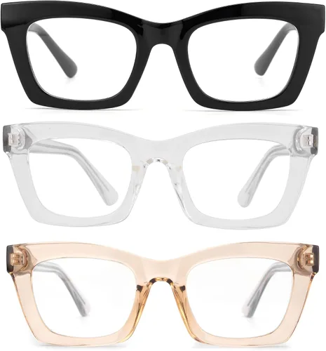 Miniatura 2 de Paquete de 3 gafas de lectura estilo Oprah con bisagra de resorte, bloqueo de luz azul, para computadora, cuadradas para mujeres y hombres