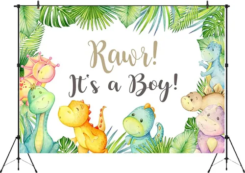 Miniatura 2 de Dinosaurio It's a boy Baby Shower telón de fondo de 7 x 5 pies Oh Boy Tropical Palm Leaves Selva Fondo de fotografía para niños recién nacidos