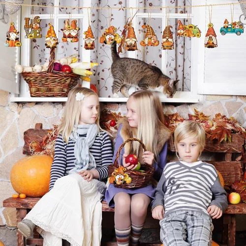 Miniatura 6 de FairySandy 36 piezas de decoración y adornos de árbol de otoño, gnomos de Acción de Gracias, adornos colgantes de madera, calabazas, hojas, flores