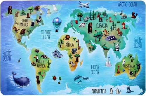 Miniatura 3 de Juego de 3 manteles individuales con diseño de mapa del mundo, diseño educativo de geografía de animales, para niños, mesa de plástico, divertidos