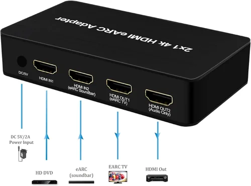 Miniatura 2 de Interruptor HDMI con extractor de audio eARC, interruptor HDMI 4K60Hz 4 en 1 con salida de audio, compatible con control remoto IR, 18Gbps