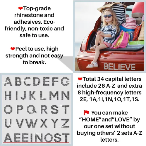 Miniatura 3 de 34 calcomanías de letras del alfabeto con diamantes de imitación, letras A-Z, autoadhesivas para planchar, calcomanías para autos, artes