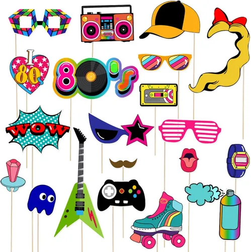 LUOEM 21 piezas de accesorios para cabina de fotos de los años 80, divertidos accesorios de fotos para fiesta de cumpleaños con palos de madera,