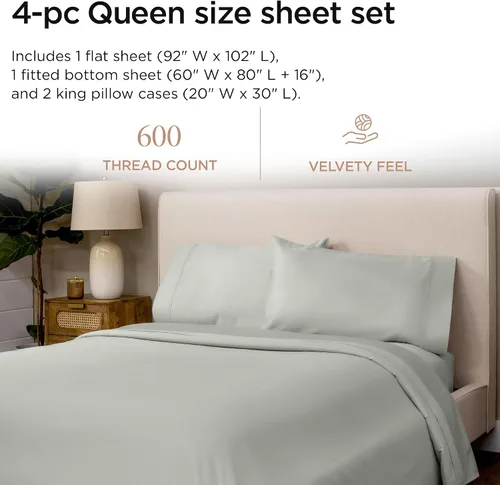 Miniatura 2 de Threadmill Sábanas de Algodón 100% para Cama Tamaño Queen - Juego de Sábanas Queen de 600 Hilos con Bolsillo Profundo de 16" - Juego de Ropa de Cama