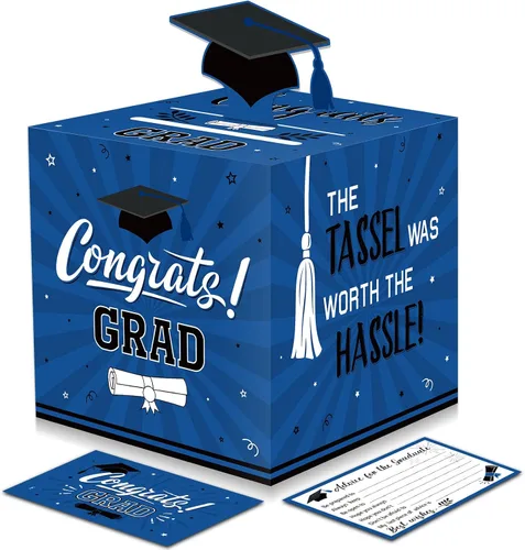 Miniatura 8 de Funrous Caja grande para tarjetas de graduación 2026 en negro y dorado con 30 piezas de tarjetas de consejos, caja de dinero, caja de dinero