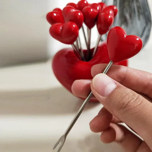 Miniatura 2 de 1 juego de tenedores de cóctel en forma de corazón tenedores de frutas palo decorativo palillo de alimentos con soporte para fiesta en el hogar