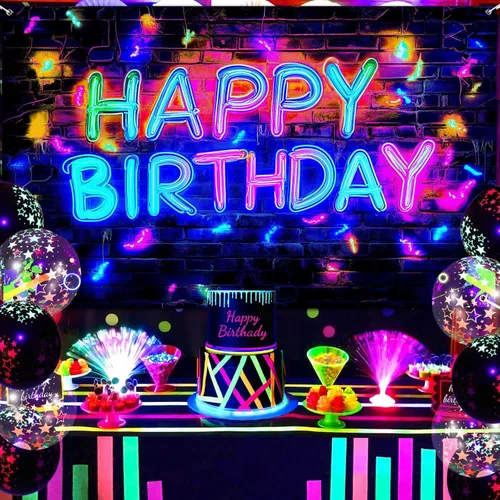 Miniatura 3 de Cartel de fondo de neón para fiesta de cumpleaños, luz negra que brilla en la oscuridad, pancarta grande de feliz cumpleaños, suministros