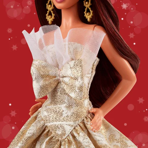 Miniatura 3 de Barbie Signature 2025 Muñeca de festividades de cabello castaño oscuro, con vestido plateado y dorado, coleccionable de temporada en embalaje