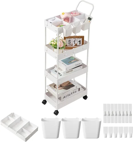 Miniatura 11 de danpinera Carrito de almacenamiento delgado, carrito rodante estrecho de 3 niveles con ruedas, organizador de baño con divisores, mango, ganchos