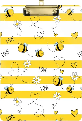 Gredecor Portapapeles de rayas amarillas con diseño de margaritas y abeja, para oficina, escuela, enfermería, acrílico para tamaño de letra A4