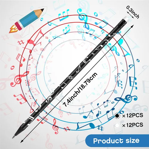 Miniatura 3 de Paquete de 24 lápices de música para niños, lápices musicales redondos, blanco y negro, caja de madera con borrador para suministros de oficina