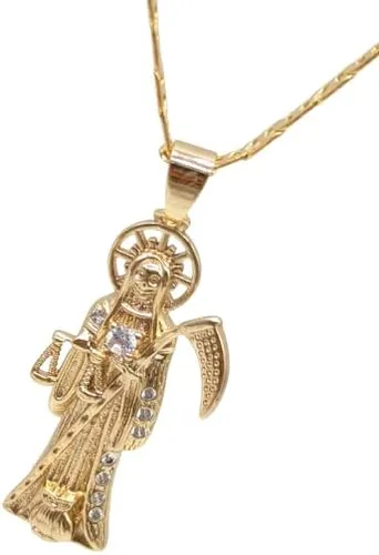 Miniatura 4 de Collar con colgante de la Santa Muerte chapado en oro de 14 quilates, eslabones cubanos de 22 pulgadas de largo, 1.378 x 0.787 in oro laminado