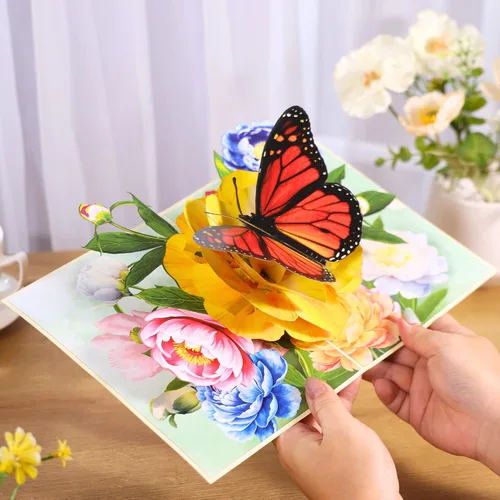 Miniatura 6 de Tarjeta de flores desplegables, tarjeta de felicitación, tarjeta desplegable 3D de mariposa y peonía rosa de 6 x 8 pulgadas, para el día